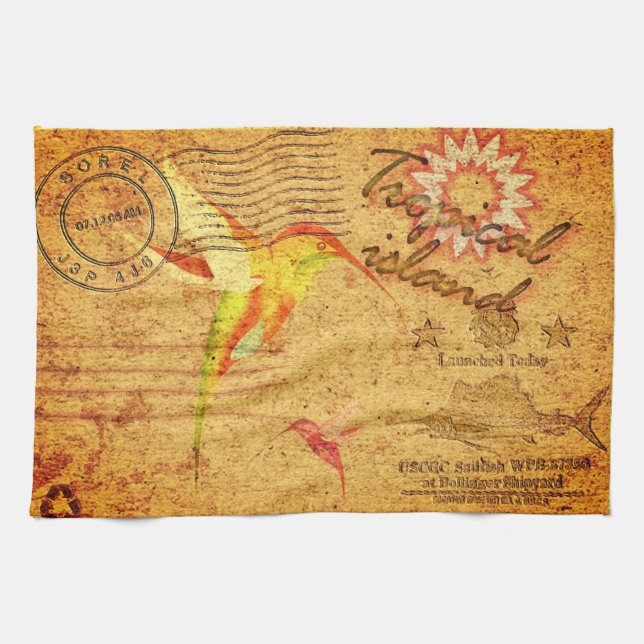 Tropical island hummingbird vintage postcard yello kitchen towel (Horizontal)