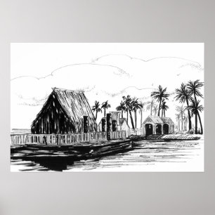 Tropical Island Huts Palm Trees Totem Poles Poster