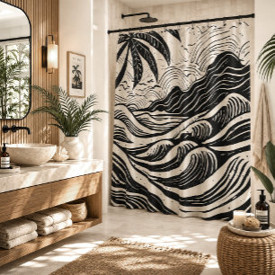 Tropical island lithograph print shower curtain