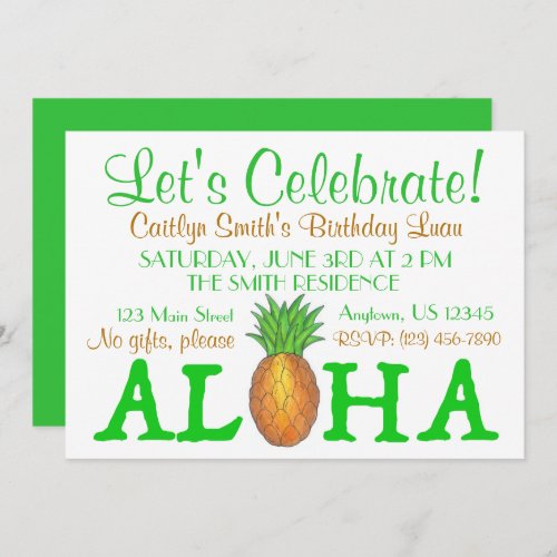 Tropical Island Luau Pineapple Hawaii Aloha Party Invitation