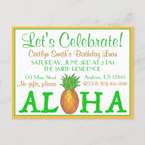 Tropical Island Luau Pineapple Hawaii Aloha Party Invitation Postcard