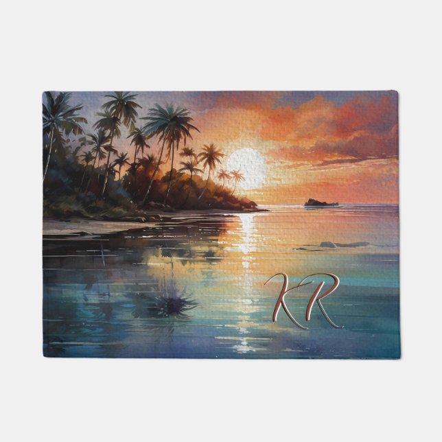 Tropical Island Ocean Beach Scene Initials  Doormat (Front)