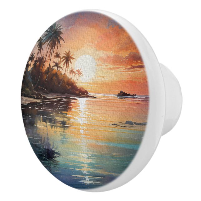 Tropical Island Ocean Beach Sunset Ceramic Knob (Right)
