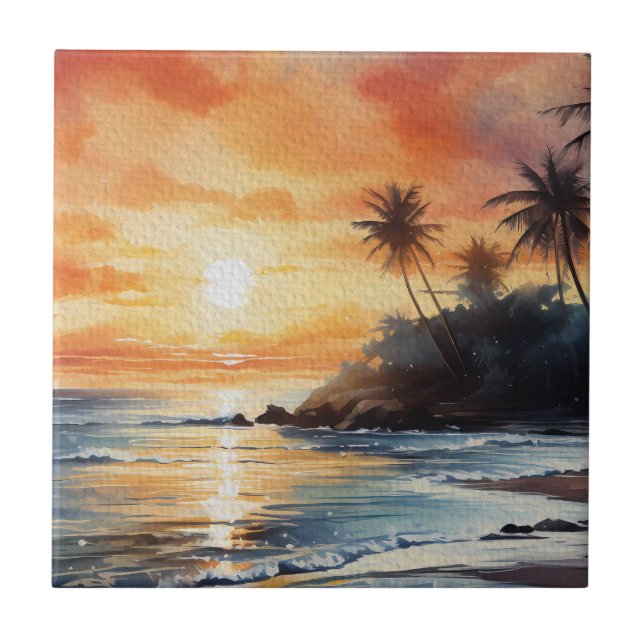 Tropical Island Ocean Beach Sunset Decorative Ceramic Tile (Front)