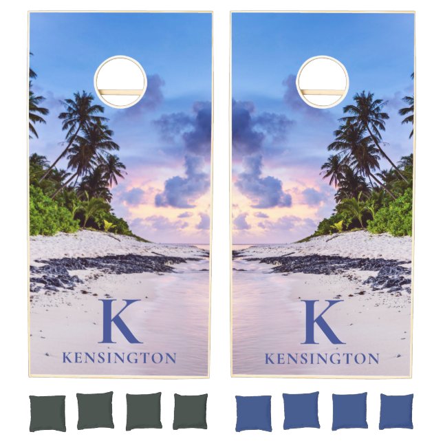 Tropical Island Ocean Beach Sunset Monogram Cornhole Set (Set)