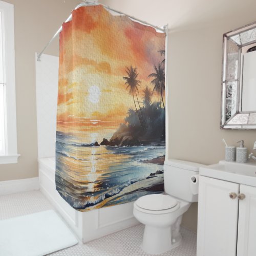 Tropical Island Ocean Beach Sunset Shower Curtain