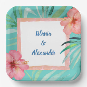 Tropical Island Palm Hibiscus Wedding & Shower Paper Plates