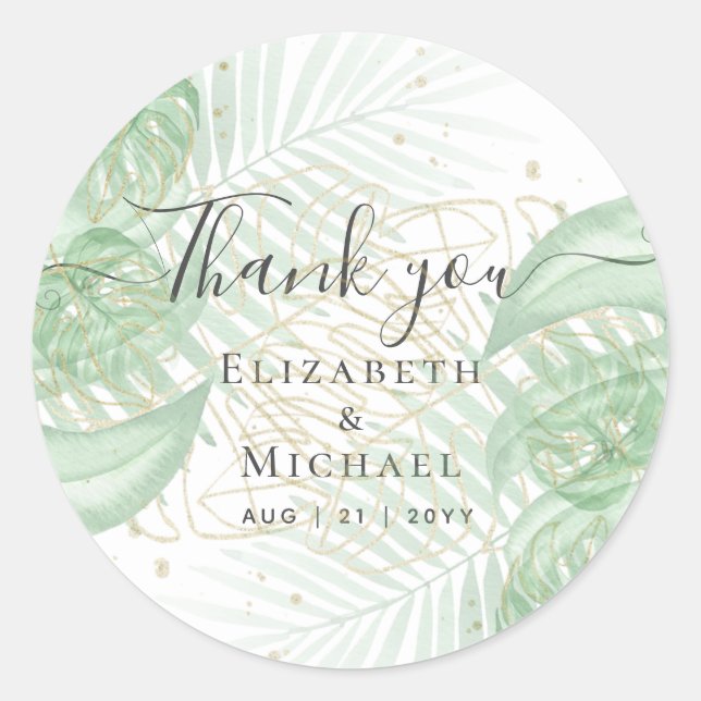 Tropical Island Palm Leaves Beach Wedding Classic Round Sticker (Front)