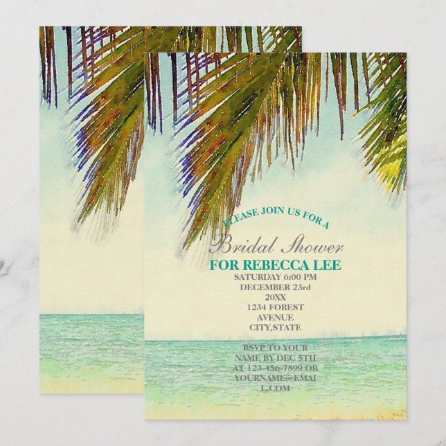 tropical island palm tree beach bridal shower invitation (Front/Back)