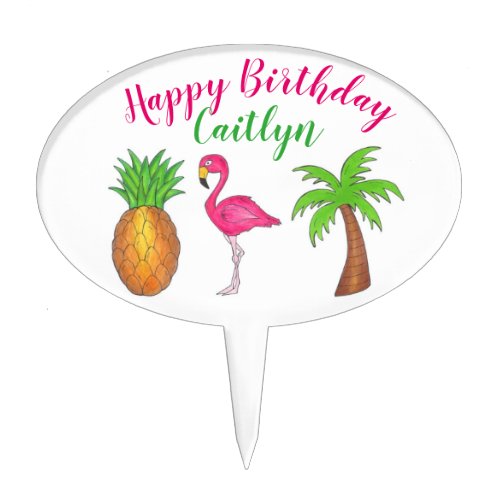 Tropical Island Palm Tree Pineapple Pink Flamingo Cake Topper