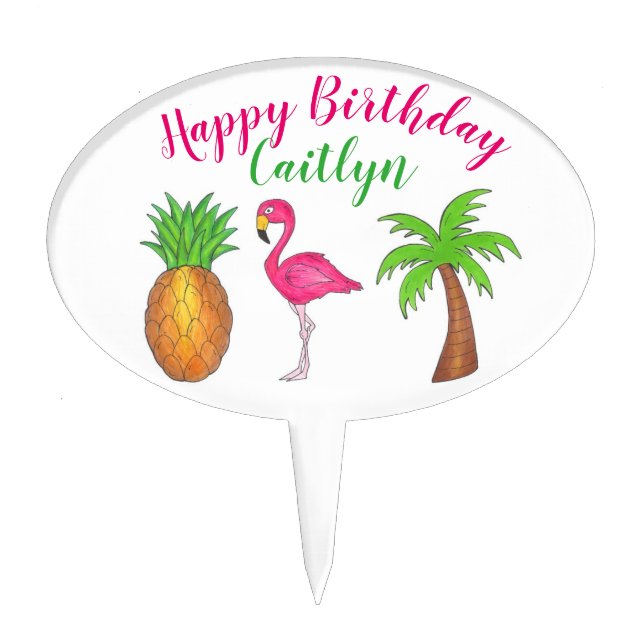 Tropical Island Palm Tree Pineapple Pink Flamingo Cake Topper (Front)