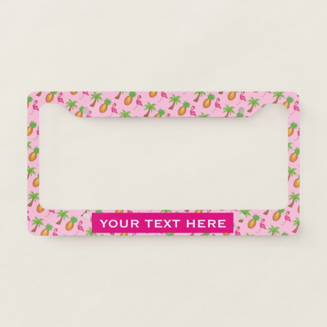 Tropical Island Palm Tree Pineapple Pink Flamingo License Plate Frame (Front)