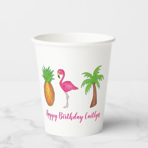 Tropical Island Palm Tree Pineapple Pink Flamingo Paper Cups