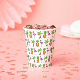 Tropical Island Palm Tree Pineapple Pink Flamingo Paper Cups