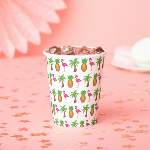 Tropical Island Palm Tree Pineapple Pink Flamingo Paper Cups