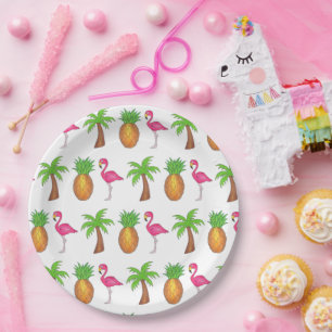 Tropical Island Palm Tree Pineapple Pink Flamingo Paper Plates