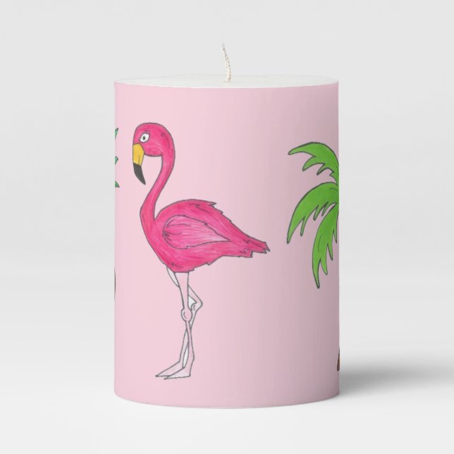 Tropical Island Palm Tree Pineapple Pink Flamingo Pillar Candle (Front)