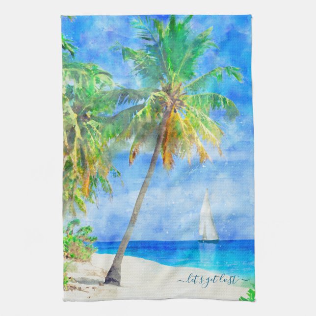 Tropical Island Palm Tree Sailboat Kitchen Towel (Vertical)