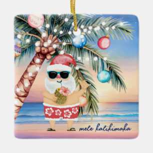 Tropical Island Palm Tree & Santa Christmas Ceramic Ornament