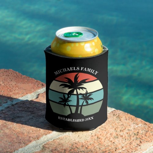 Tropical Island Palm Tree Sunset Beach Luau Black Can Cooler