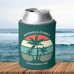 Tropical Island Palm Tree Sunset Beach Party Teal Can Cooler