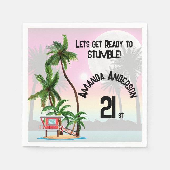 Tropical Island Palm Tree Sunset Invitation Napkins (Front)