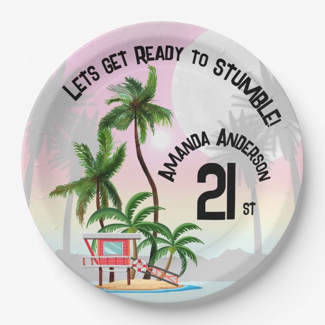 Tropical Island Palm Tree Sunset Invitation Paper Plates (Front)