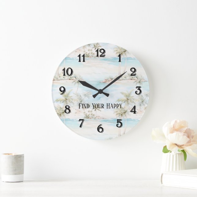 Tropical Island Palm Trees Beach Large Clock (Home)