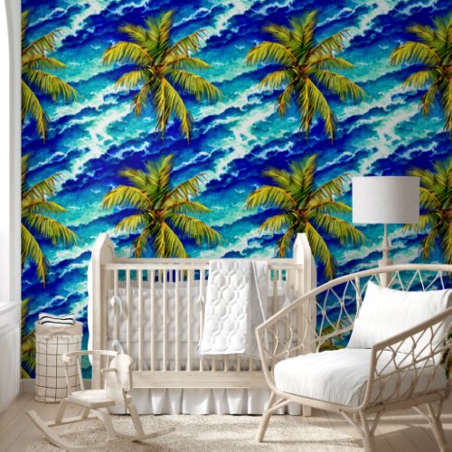 Tropical island palm trees coastal ocean beach wallpaper 