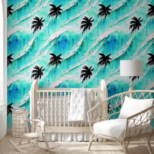 Tropical island palm trees coastal ocean pattern wallpaper 