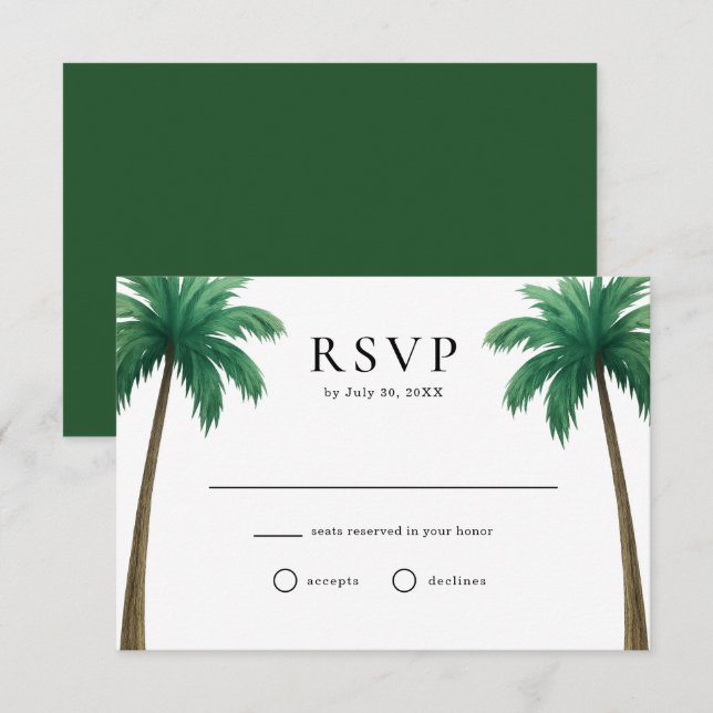 Tropical Island Palm Trees Minimal Beach Wedding RSVP Card (Front/Back)