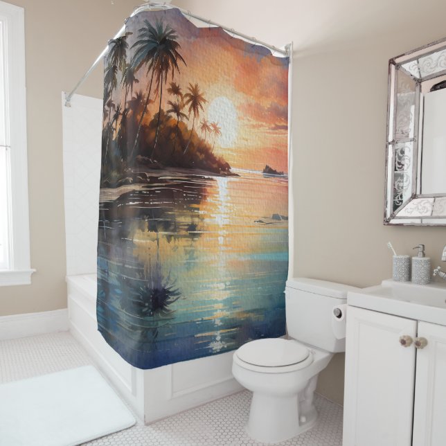 Tropical Island  Palm Trees Ocean Beach Sunset Shower Curtain (In Situ)