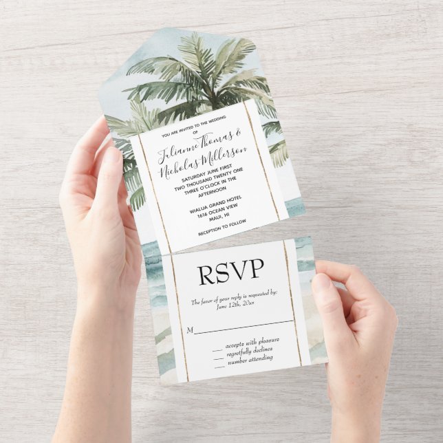 Tropical Island Palm Trees Ocean Beach Wedding All In One Invitation (Tearaway)