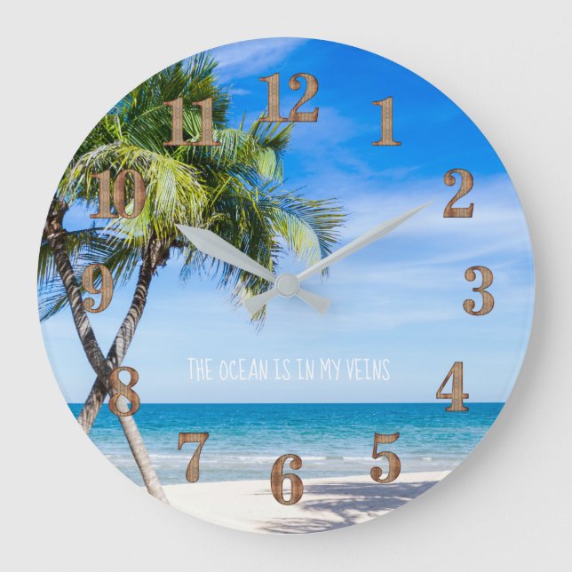 Tropical Island Palm Trees Ocean Caribbean Decor Large Clock (Front)