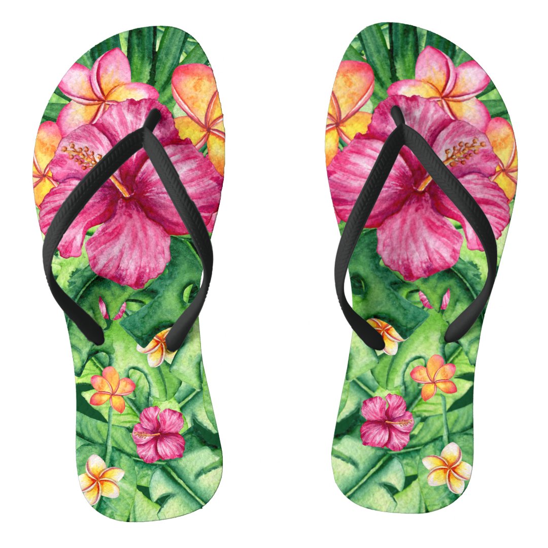 Tropical island paradise flowers leaves vibrant flip flops | Zazzle