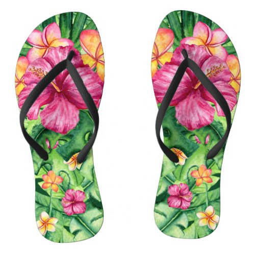 Tropical island paradise flowers leaves vibrant flip flops