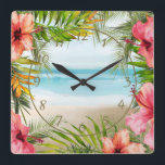Tropical Island Paradise Palms | Hibiscus Flowers Square Wall Clock<br><div class="desc">Add some island paradise style to your home with this wall clock that features a tropical beach view framed by palm tree leaves and pink and coral hibiscus flowers.</div>