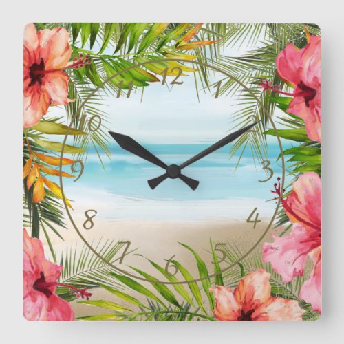 Tropical Island Paradise Palms  Hibiscus Flowers Square Wall Clock
