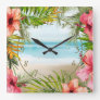 Tropical Island Paradise Palms | Hibiscus Flowers Square Wall Clock