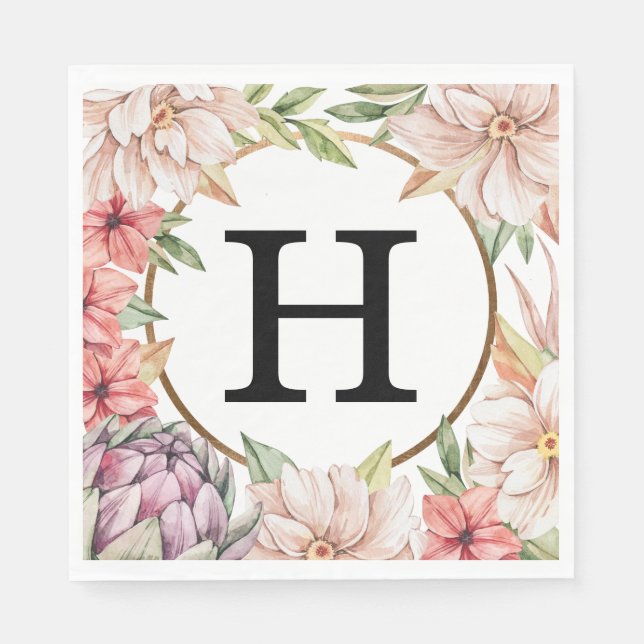 Tropical Island Pastel Floral Wedding Monogram Napkins (Front)