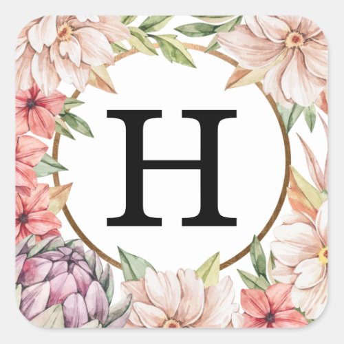 Tropical Island Pastel Floral Wedding Monogram Square Sticker