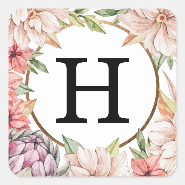 Tropical Island Pastel Floral Wedding Monogram Square Sticker (Front)