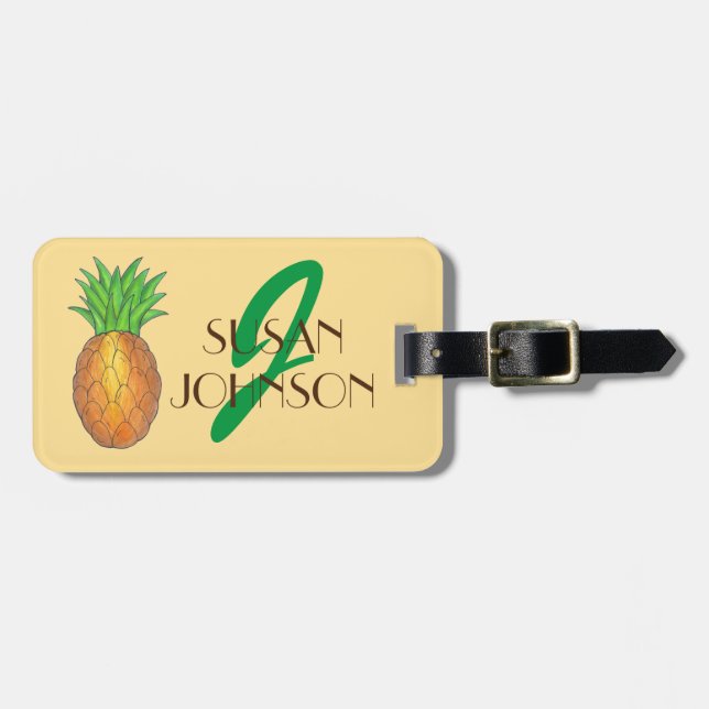 Tropical Island Pineapple Fruit Monogram Initial Luggage Tag (Front Horizontal)