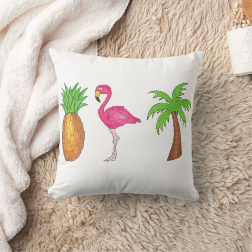 Tropical Island Pineapple Pink Flamingo Palm Tree Throw Pillow