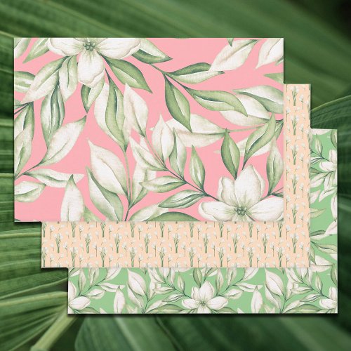 Tropical Island Pink Blush Green Floral 3 pack  Wrapping Paper Sheets