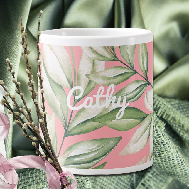 Tropical Island Pink, Blush, Green Floral  Giant Coffee Mug (Creator Uploaded)