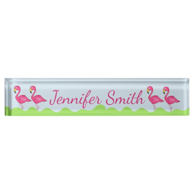 Tropical Island Pink Flamingo Bird Green Grass Desk Name Plate (Front)