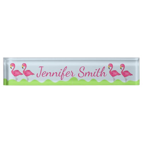 Tropical Island Pink Flamingo Bird Green Grass Desk Name Plate