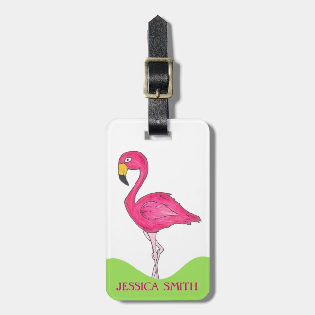 Tropical Island Pink Flamingo Bird Personalized Luggage Tag (Front Vertical)