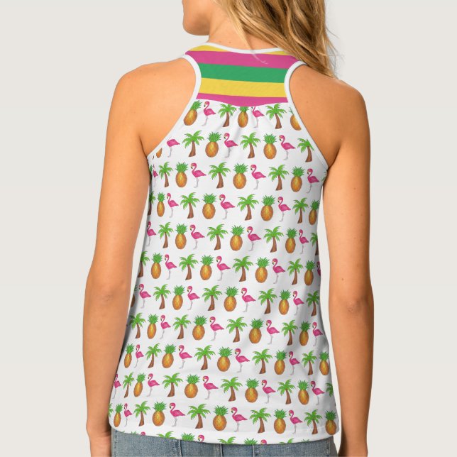 Tropical Island Pink Flamingo Palm Tree Pineapple Tank Top (Back)